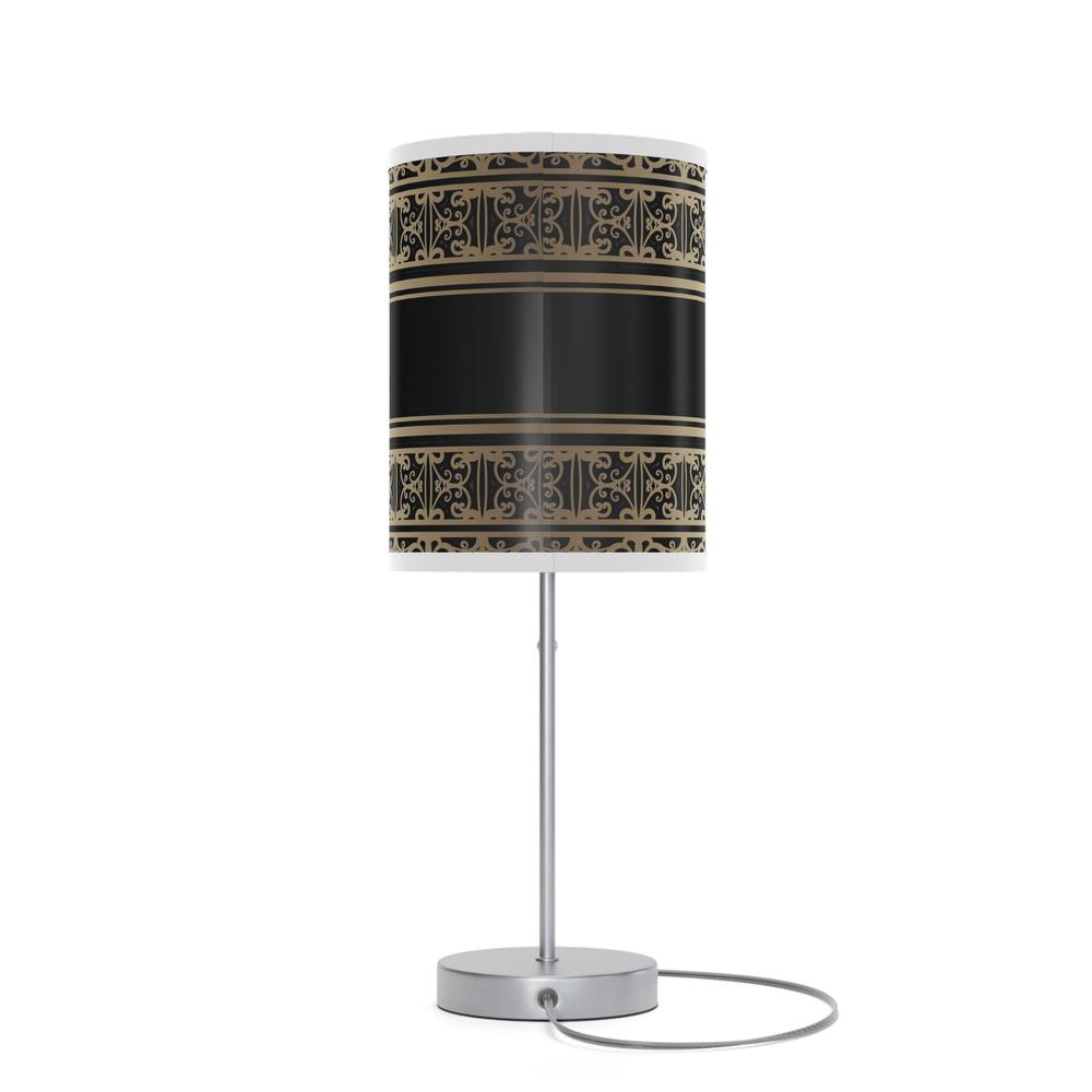 20" Silver Table Lamp With Black And Gold Striped Scroll Cylinder Shade. Picture 2