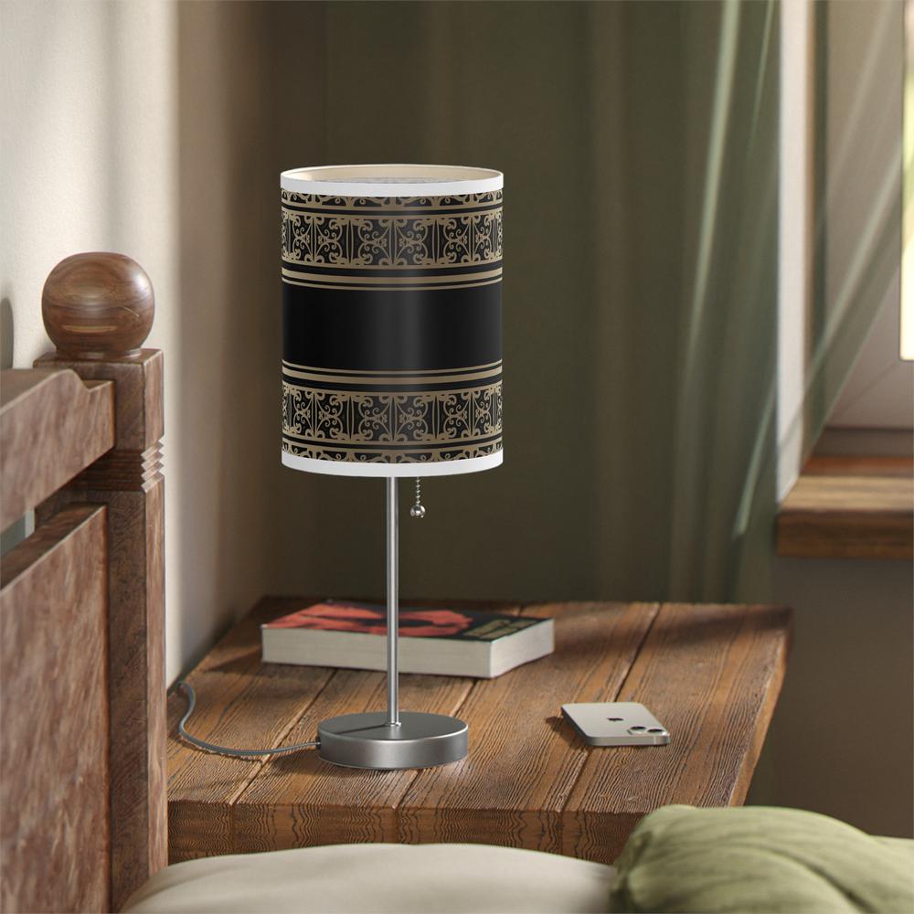 20" Silver Table Lamp With Black And Gold Striped Scroll Cylinder Shade. Picture 6