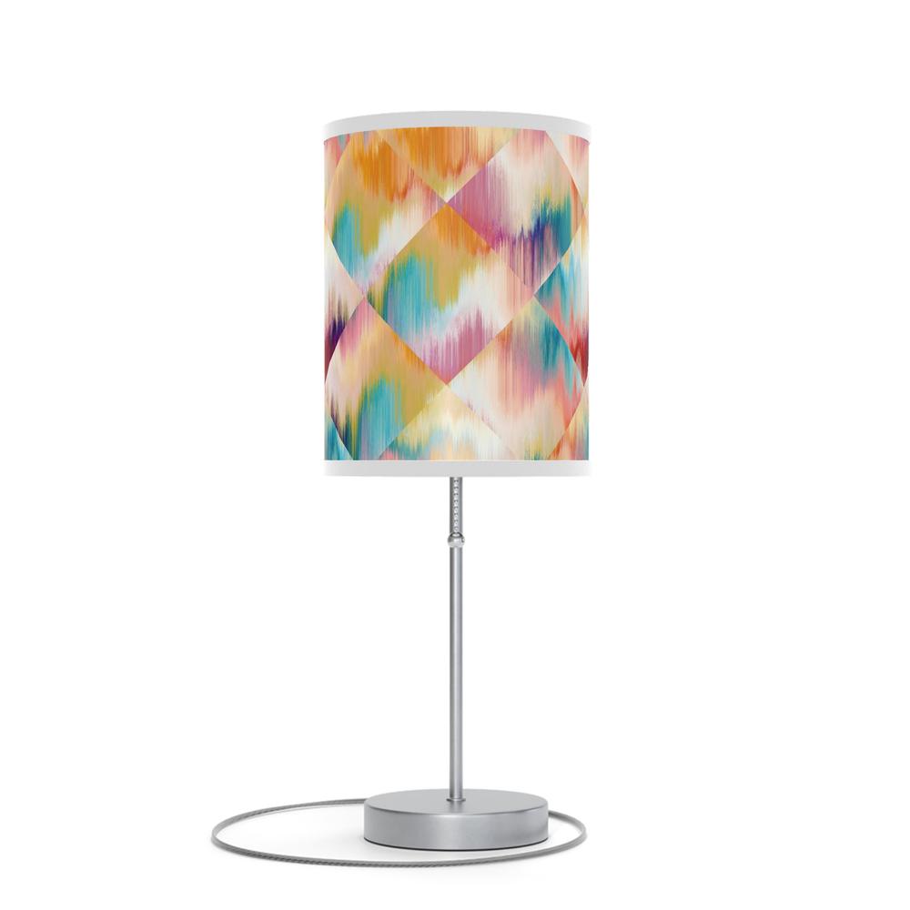 20" Silver Table Lamp With White And Colorful Abstract Ikat Cylinder Shade. Picture 1