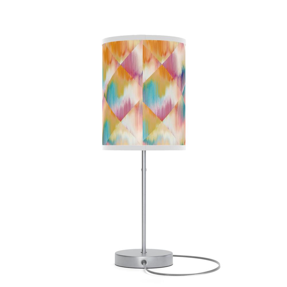 20" Silver Table Lamp With White And Colorful Abstract Ikat Cylinder Shade. Picture 2
