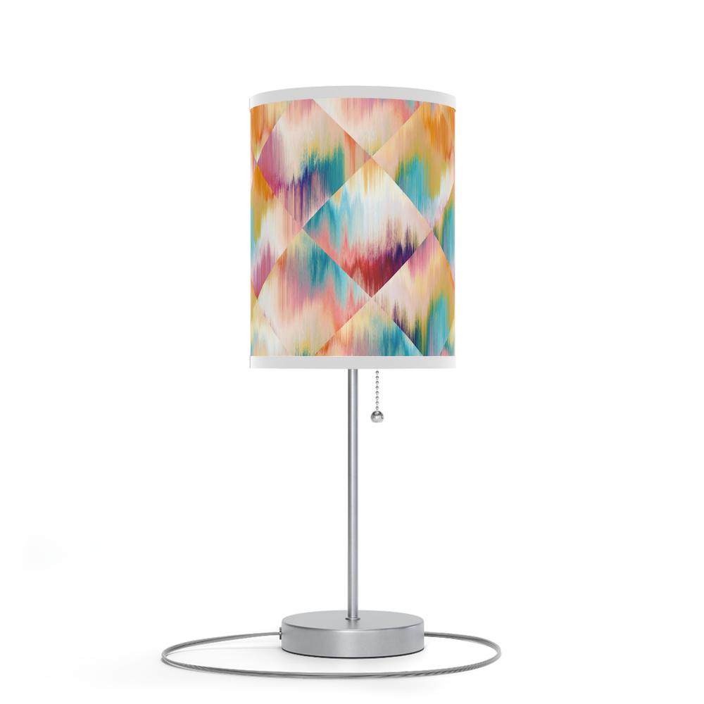 20" Silver Table Lamp With White And Colorful Abstract Ikat Cylinder Shade. Picture 3