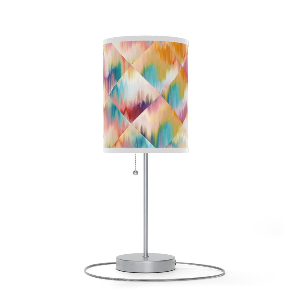 20" Silver Table Lamp With White And Colorful Abstract Ikat Cylinder Shade. Picture 4