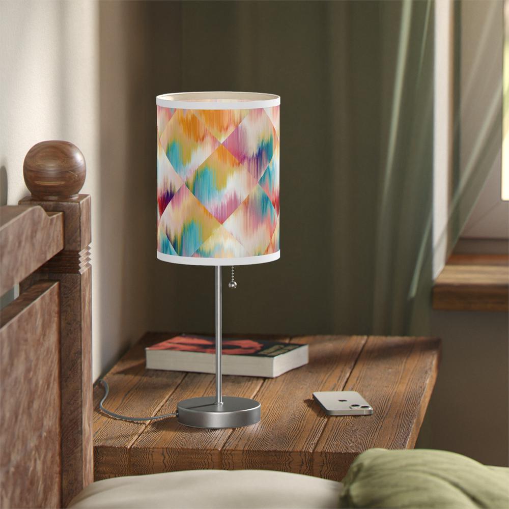 20" Silver Table Lamp With White And Colorful Abstract Ikat Cylinder Shade. Picture 6