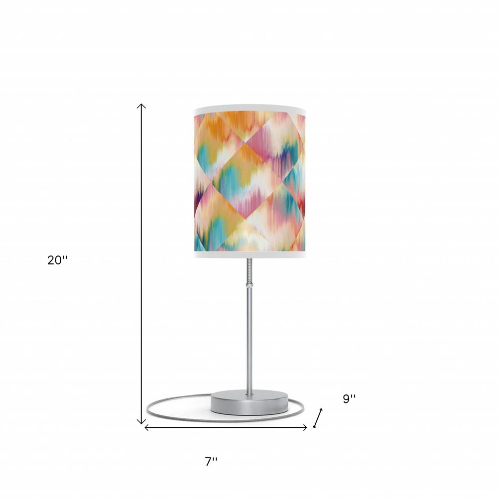 20" Silver Table Lamp With White And Colorful Abstract Ikat Cylinder Shade. Picture 7