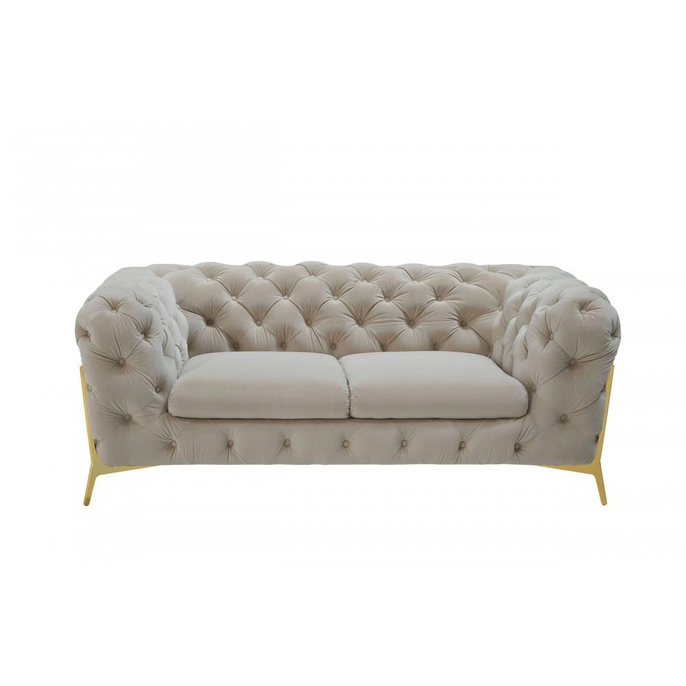 74" Beige Tufted Velvet And Gold Chesterfield Love Seat. Picture 2