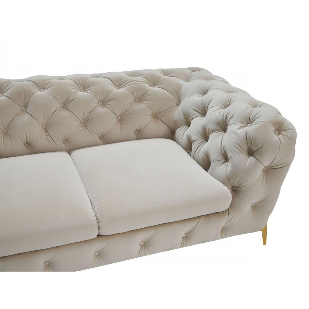 74" Beige Tufted Velvet And Gold Chesterfield Love Seat. Picture 3
