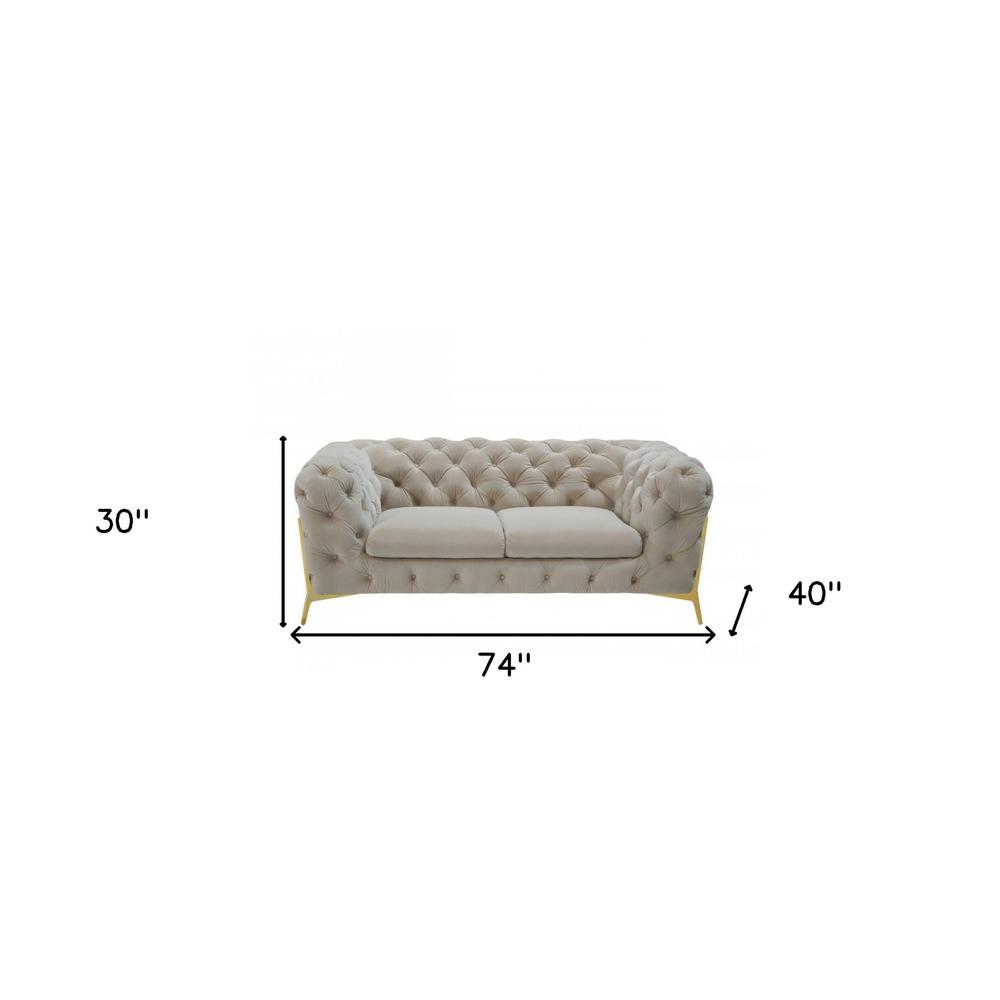 74" Beige Tufted Velvet And Gold Chesterfield Love Seat. Picture 4