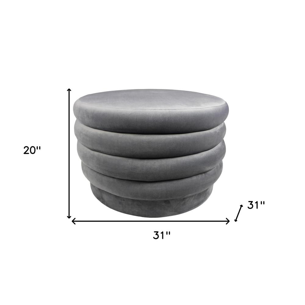 31" Gray Velvet Tufted Round Cocktail Ottoman. Picture 5