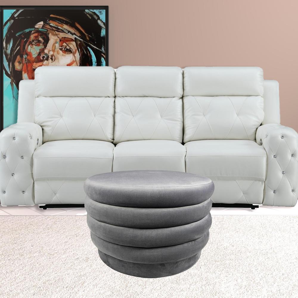 31" Gray Velvet Tufted Round Cocktail Ottoman. Picture 2