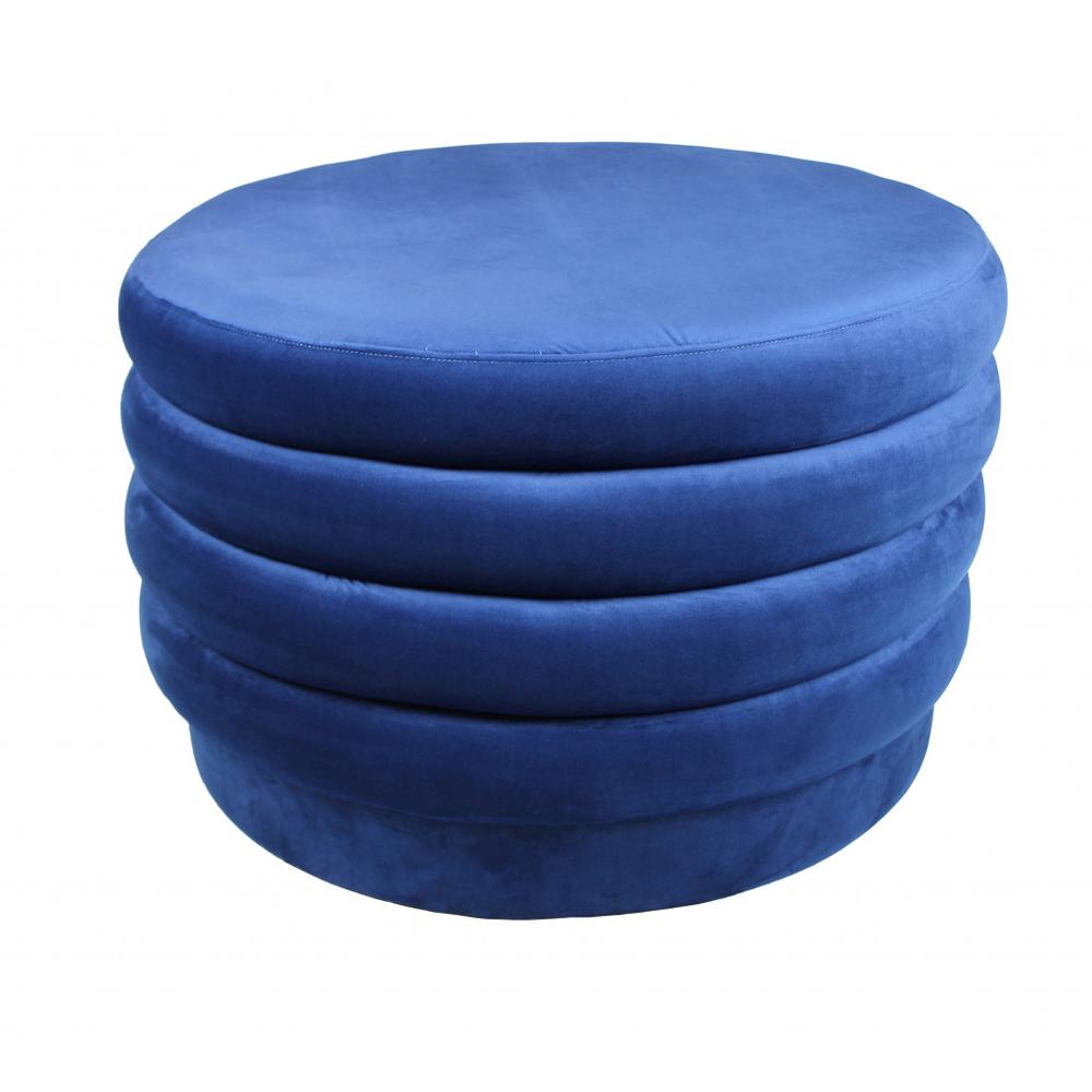 31" Blue Velvet Tufted Round Cocktail Ottoman. Picture 1