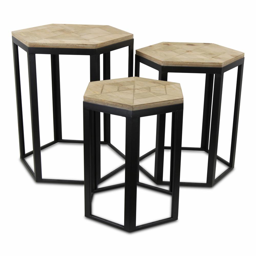 Set Of Three 25" Black And Brown Solid Wood And Steel Hexagon Nested Tables. Picture 3