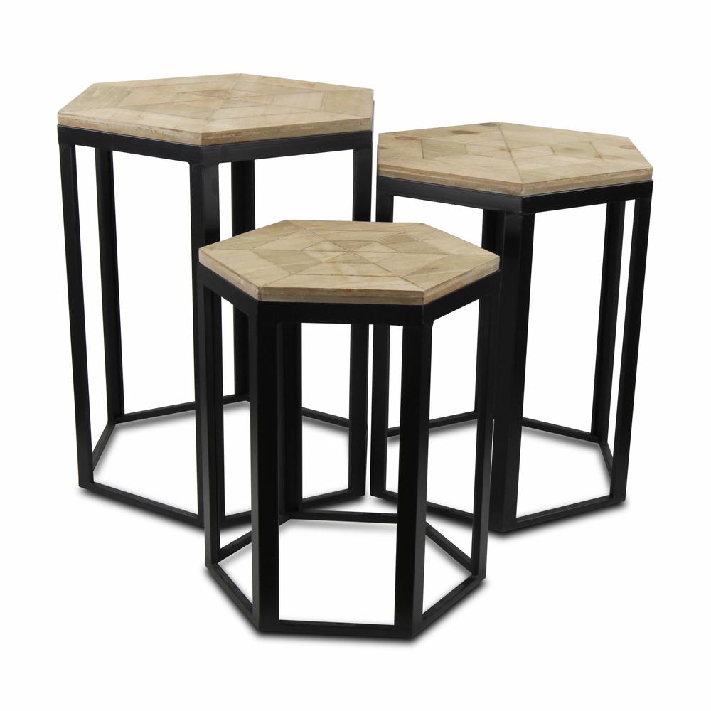 Set Of Three 25" Black And Brown Solid Wood And Steel Hexagon Nested Tables. Picture 4