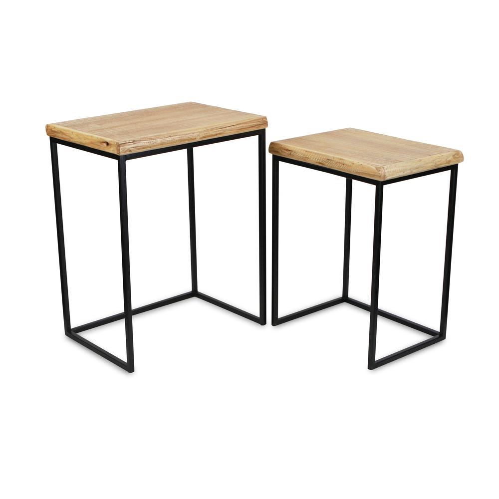 Set Of Two 25" Black And Brown Solid Wood And Steel Rectangular Nested Tables. Picture 1
