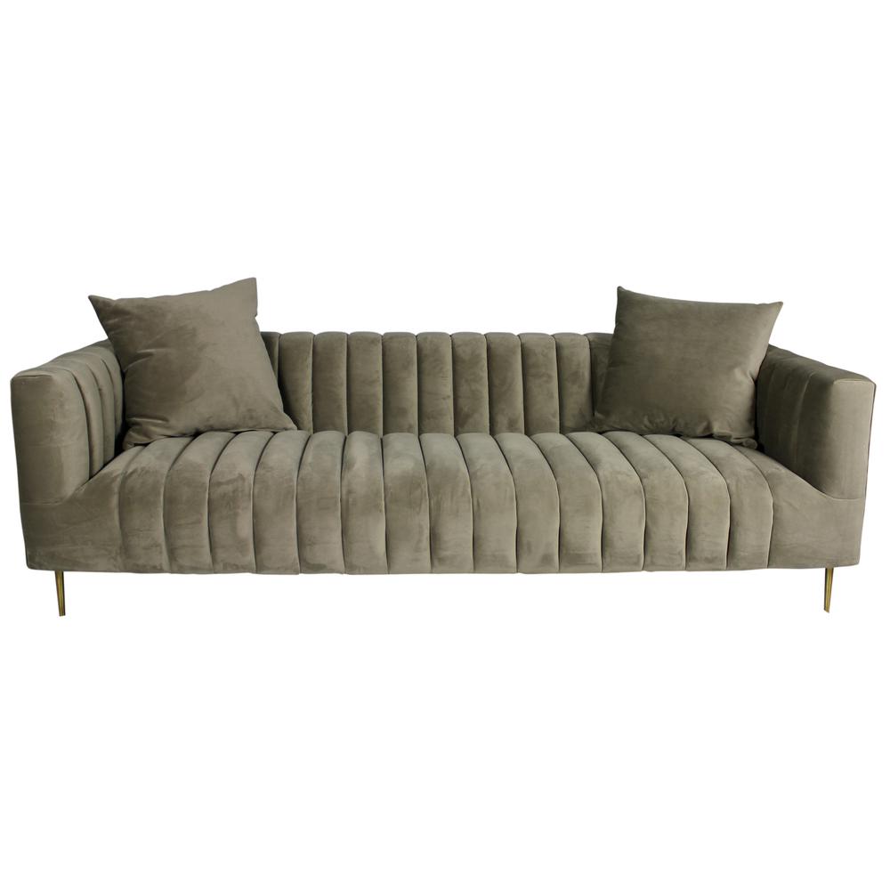 90" Gray Brown Velvet And Gold Sofa And Toss Pillows. Picture 1