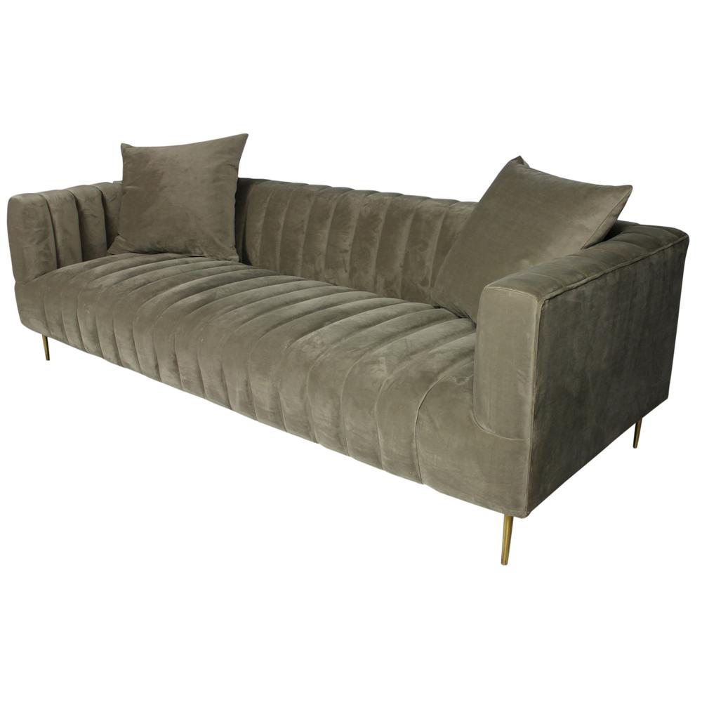 90" Gray Brown Velvet And Gold Sofa And Toss Pillows. Picture 2
