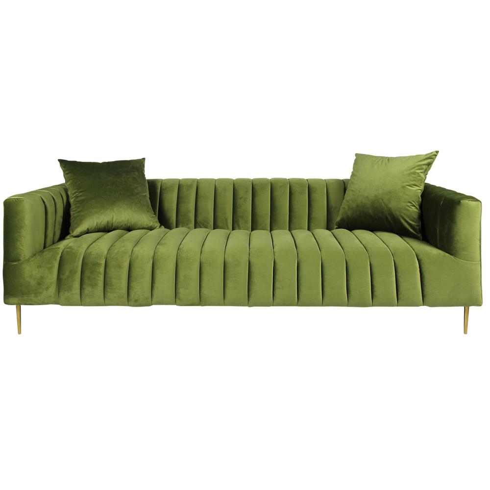 90" Moss Green Velvet And Gold Sofa With Two Toss Pillows. Picture 3