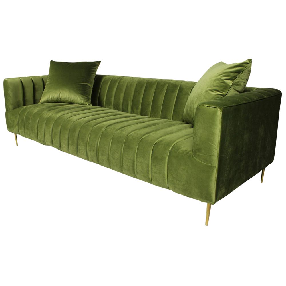 90" Moss Green Velvet And Gold Sofa With Two Toss Pillows. Picture 4