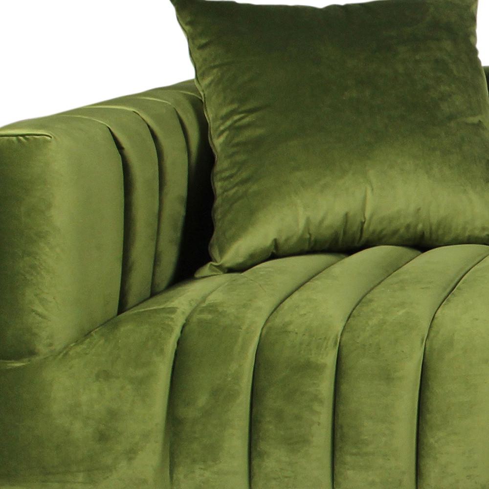 90" Moss Green Velvet And Gold Sofa With Two Toss Pillows. Picture 6