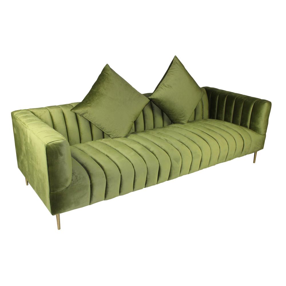 90" Moss Green Velvet And Gold Sofa With Two Toss Pillows. Picture 1