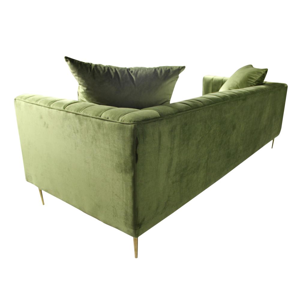 90" Moss Green Velvet And Gold Sofa With Two Toss Pillows. Picture 5