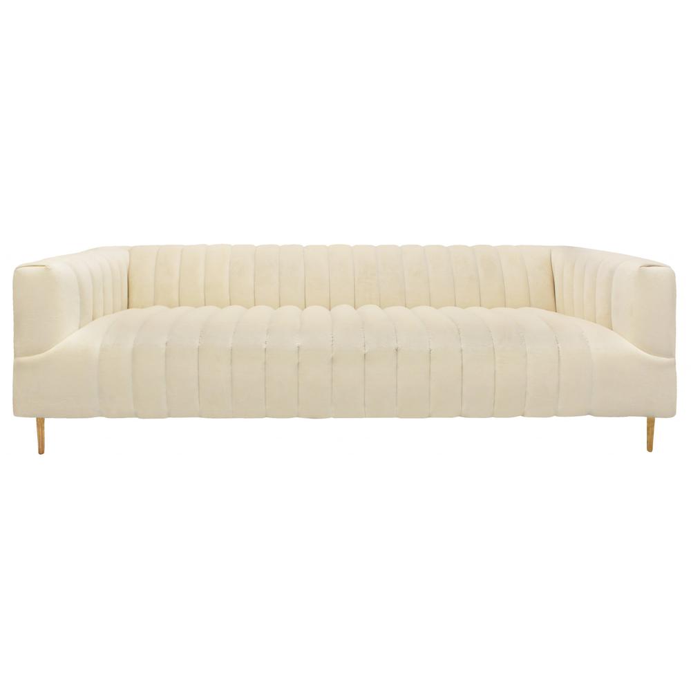 90" Ivory Channeled Velvet and Gold Sofa. Picture 1
