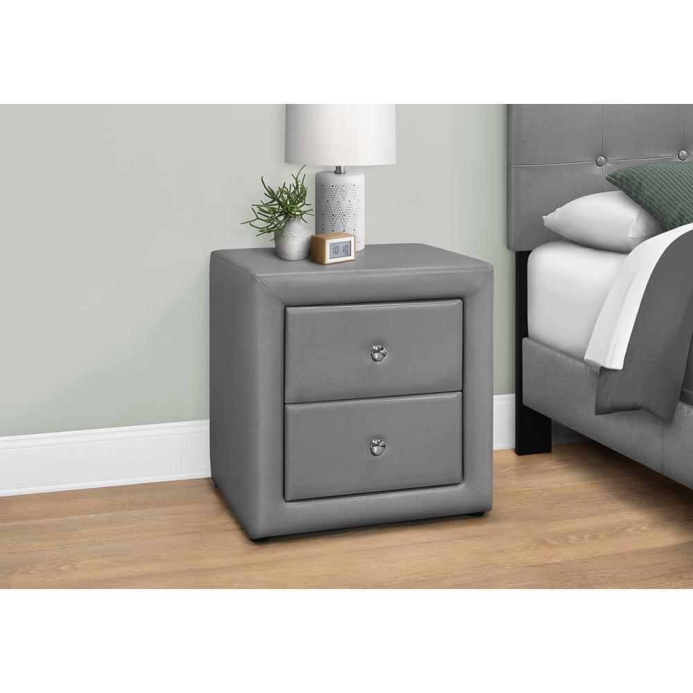 21" Gray Faux Leather Two Drawer Nightstand. Picture 3