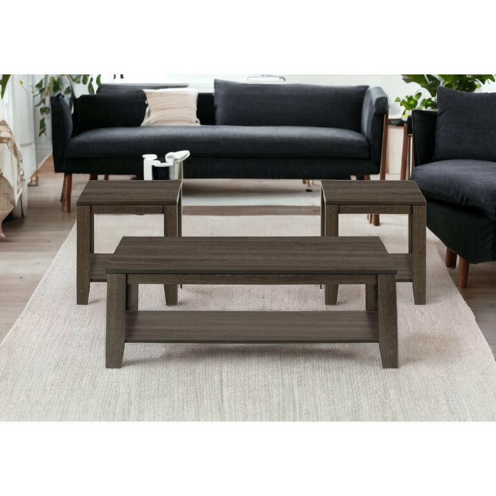 Set Of Three 42" Oak Rectangular Coffee Table With Three Shelves. Picture 9