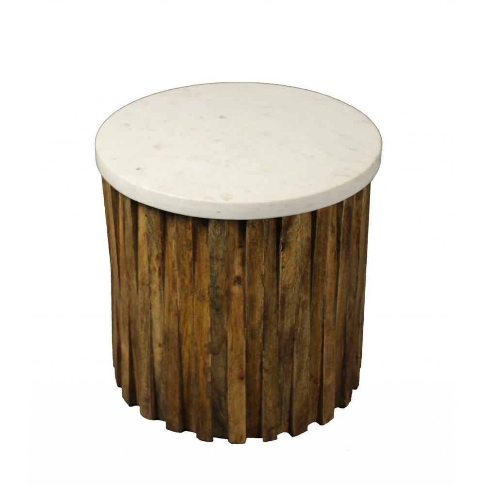 20" Brown And Ivory Marble And Solid Wood Round End Table. Picture 1