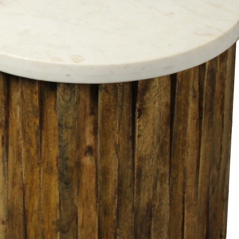 20" Brown And Ivory Marble And Solid Wood Round End Table. Picture 4