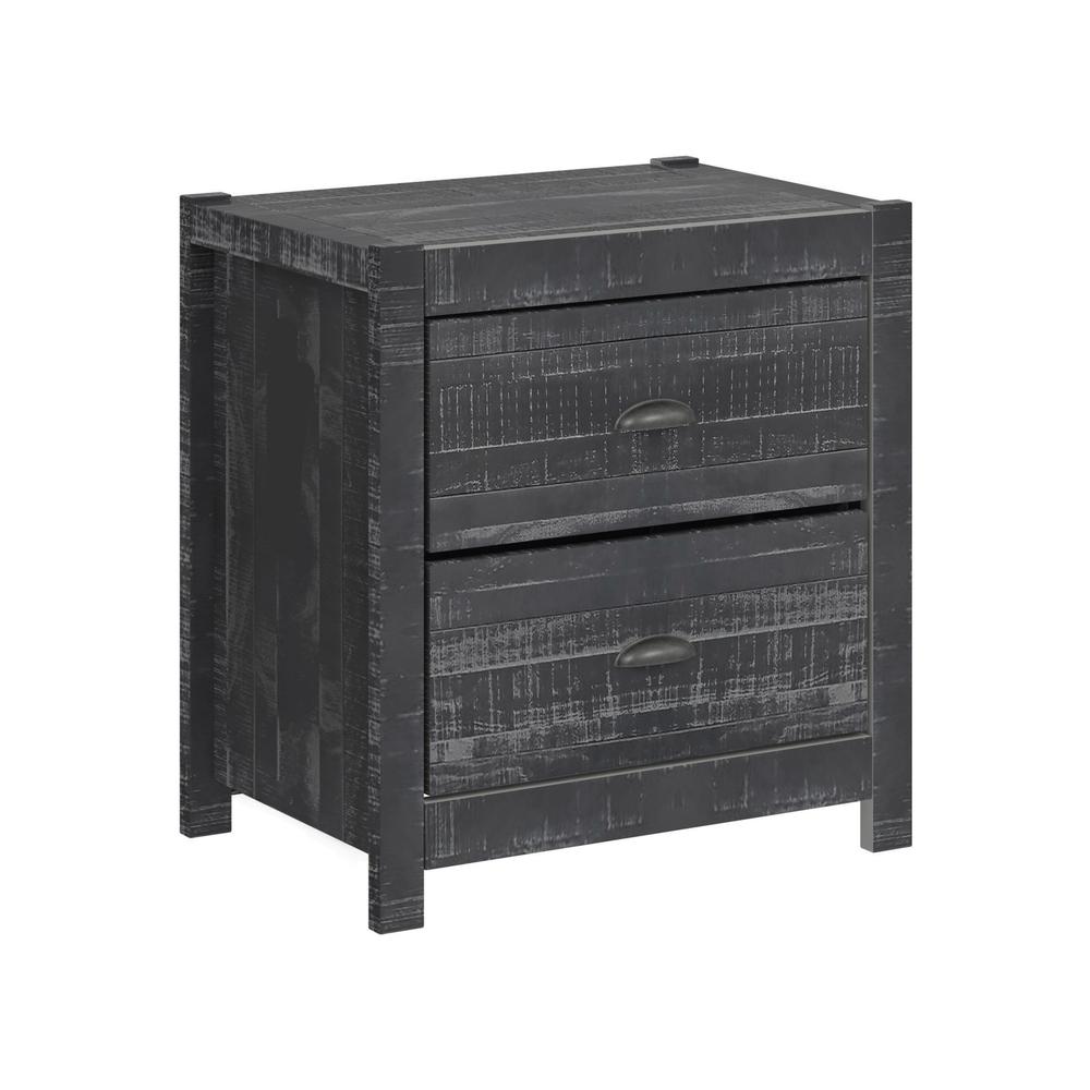 24" Dark Gray Distressed Solid Wood Two Drawer Nightstand. Picture 2