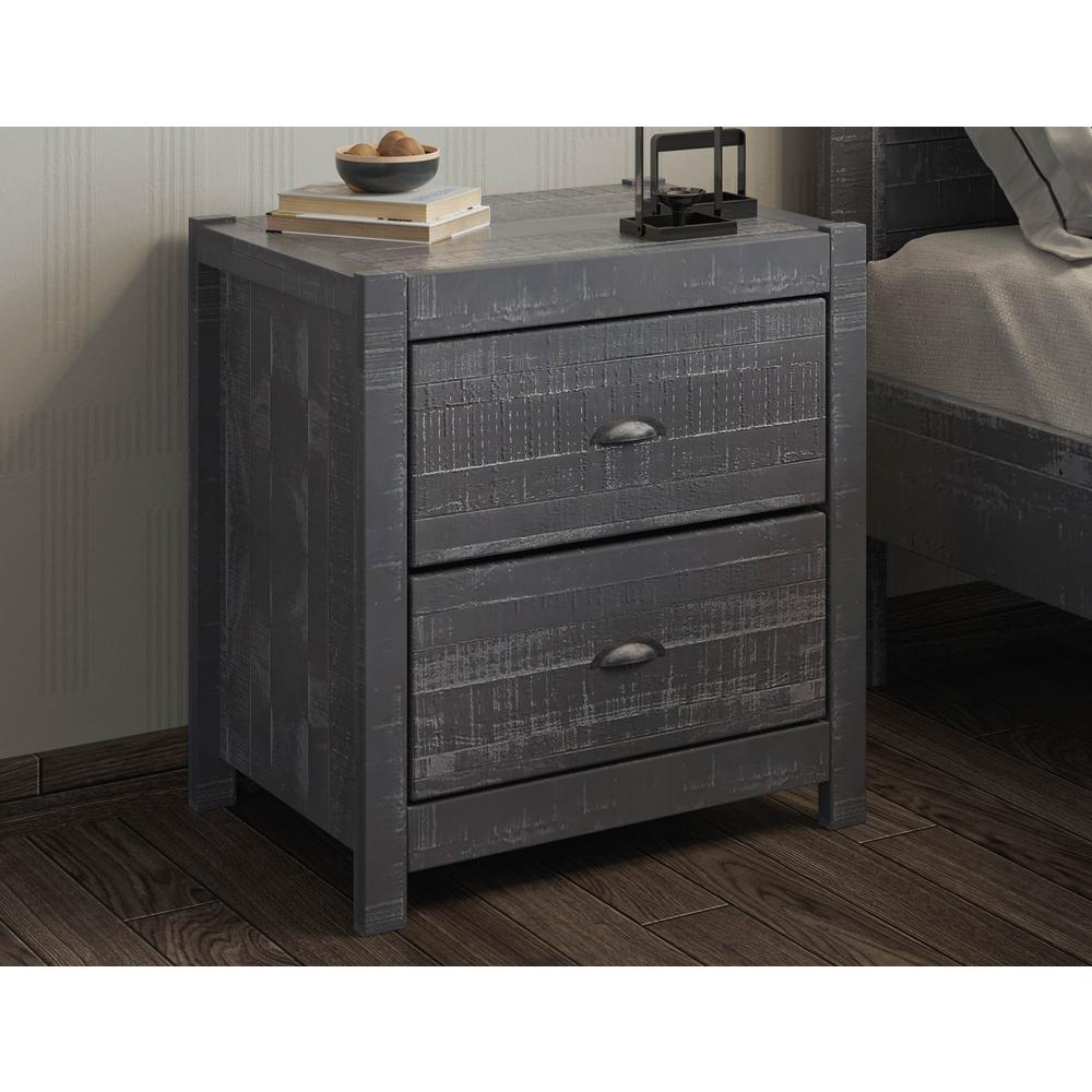 24" Dark Gray Distressed Solid Wood Two Drawer Nightstand. Picture 4