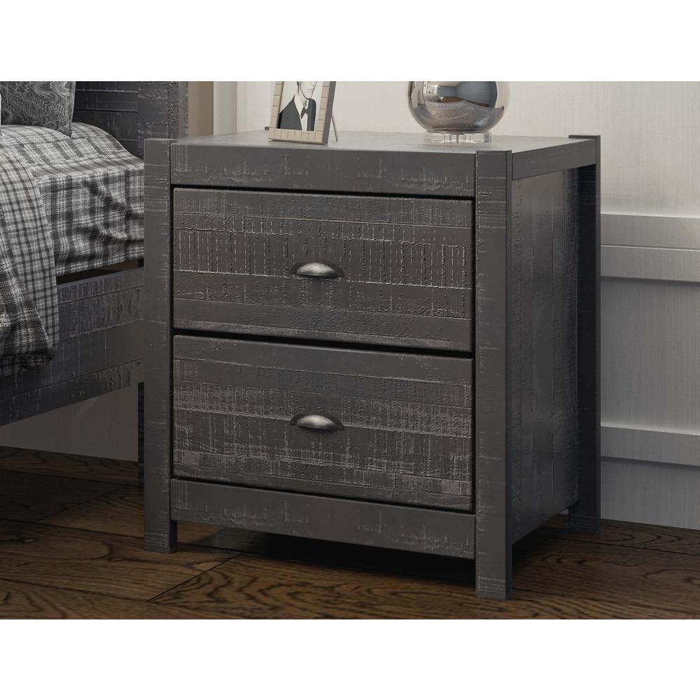 24" Dark Gray Distressed Solid Wood Two Drawer Nightstand. Picture 5