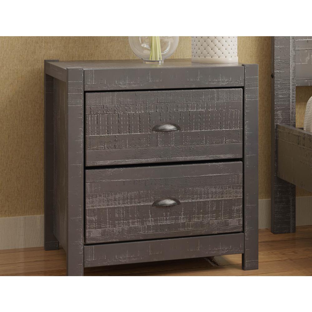 24" Dark Gray Distressed Solid Wood Two Drawer Nightstand. Picture 6