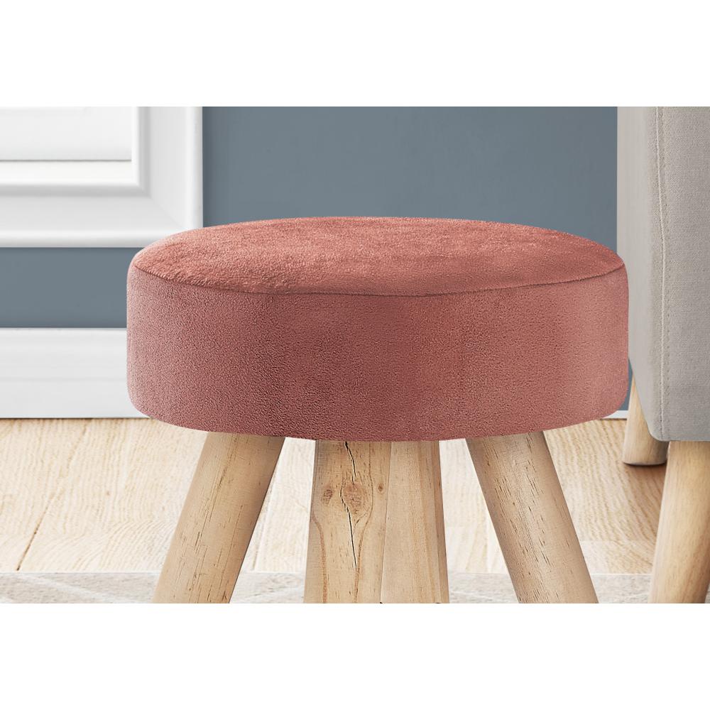 12" Pink Velvet And Natural Round Ottoman. Picture 4