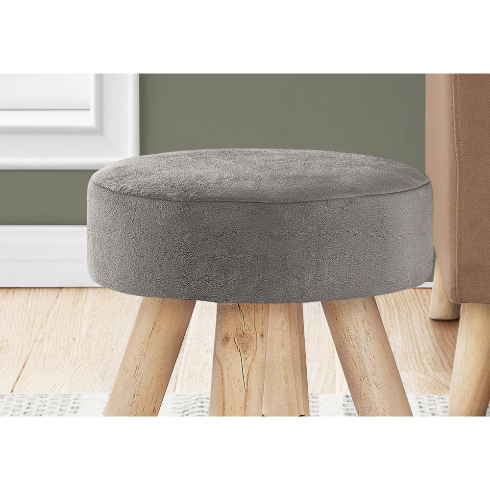 12" Gray Velvet And Natural Round Ottoman. Picture 4