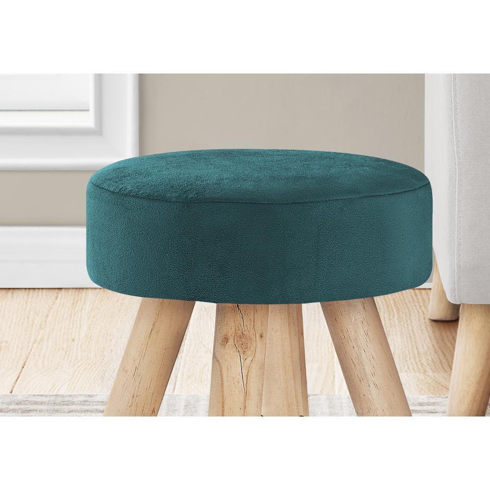 12" Teal Blue Velvet And Natural Round Ottoman. Picture 4