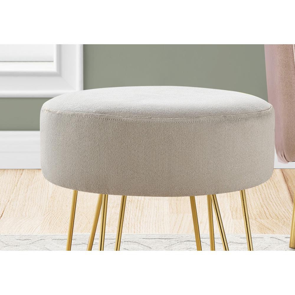 14" Beige Velvet And Gold Round Ottoman. Picture 3