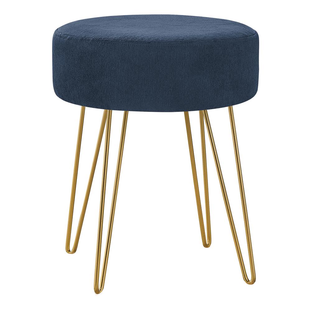 14" Blue Velvet And Gold Round Ottoman. Picture 1