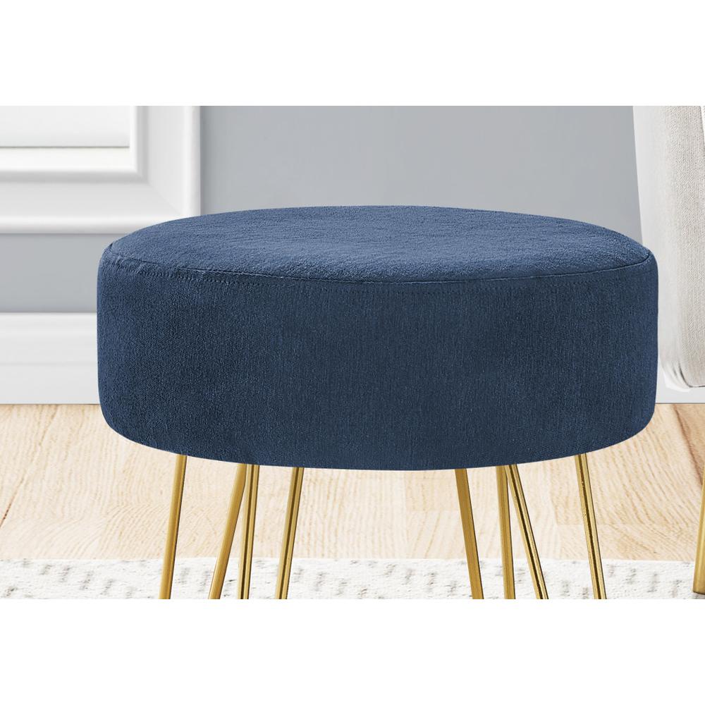 14" Blue Velvet And Gold Round Ottoman. Picture 3