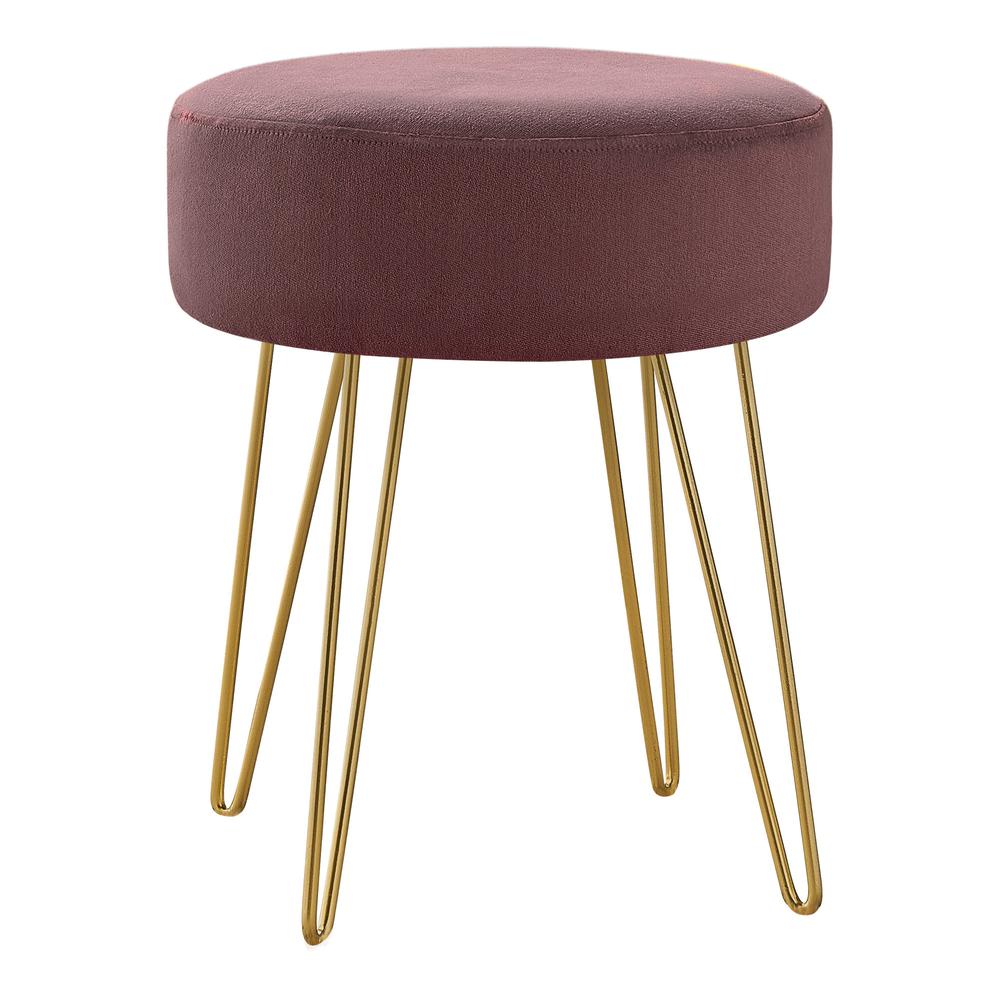 14" Plum Velvet And Gold Round Ottoman. Picture 1