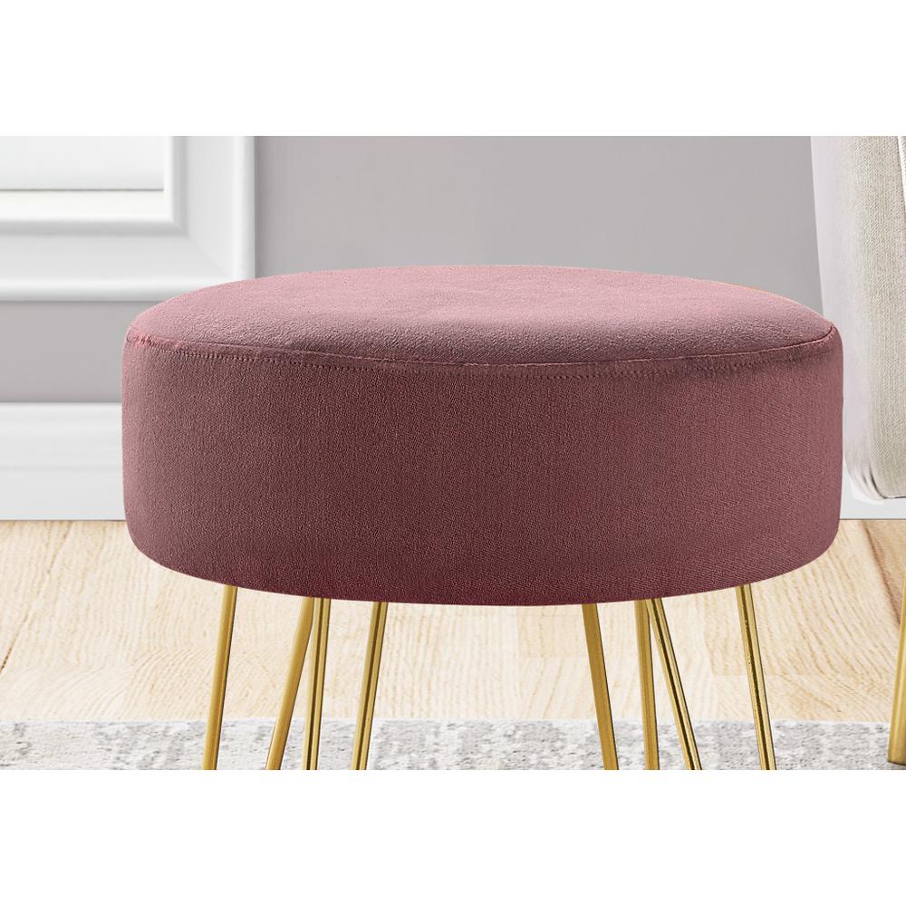14" Plum Velvet And Gold Round Ottoman. Picture 4