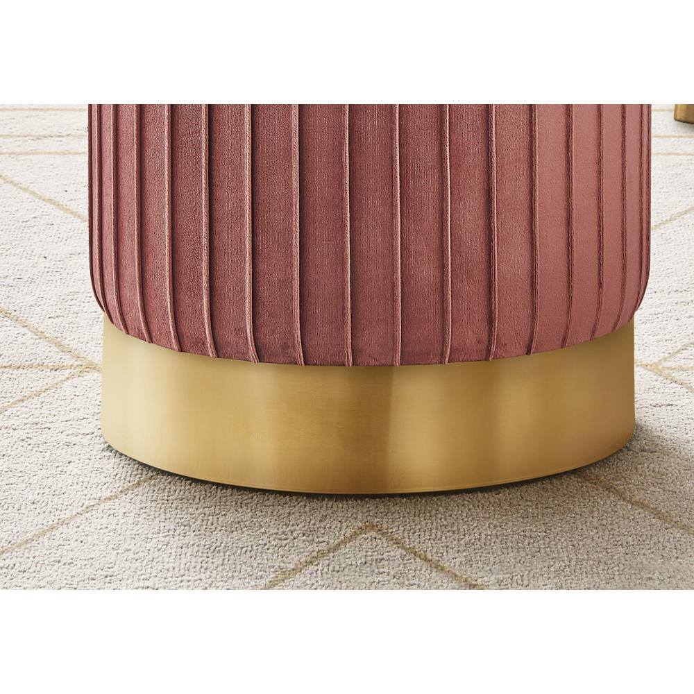 14" Pink Velvet And Gold Round Ottoman. Picture 4