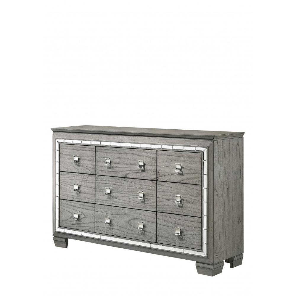 64" Light Gray Oak Manufactured Wood Nine Drawer Triple Dresser. Picture 1