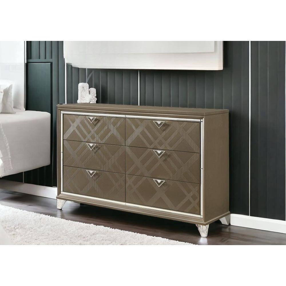 66" Dark Champagne Solid And Manufactured Wood Six Drawer Dresser. Picture 1