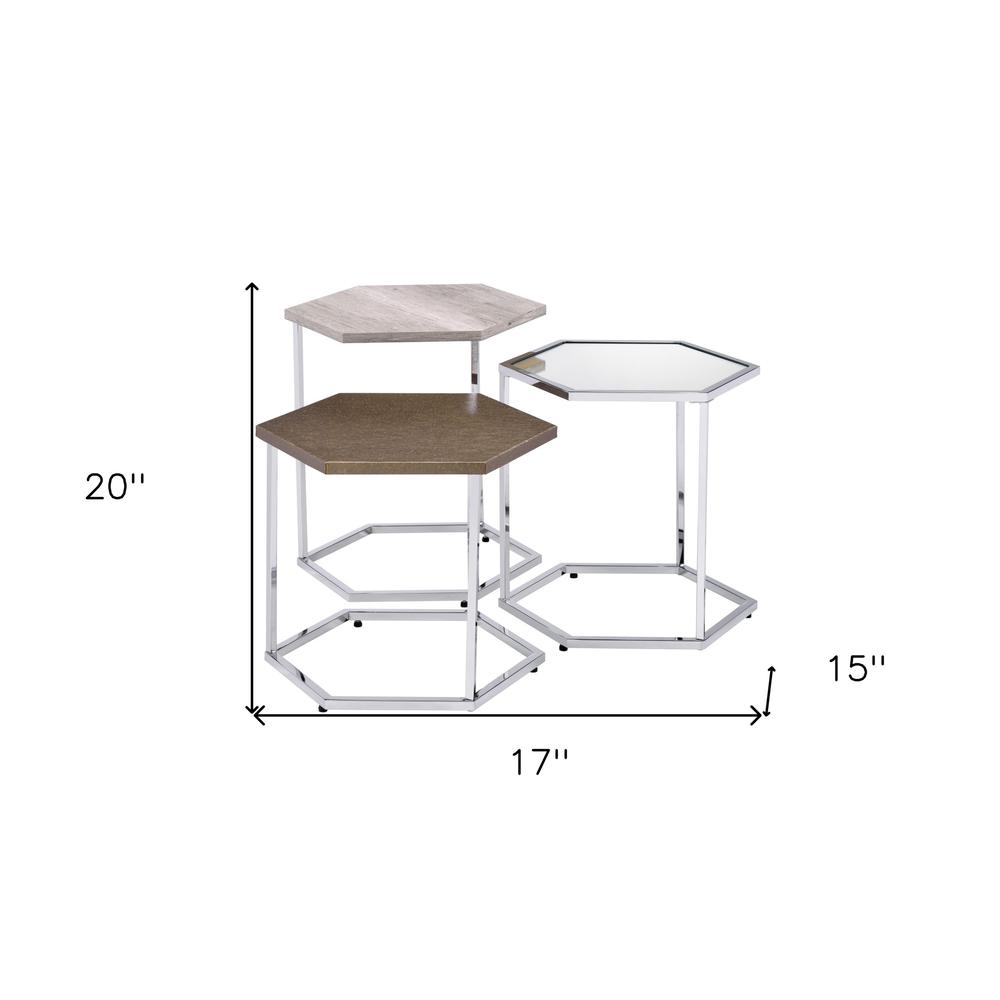 17" Chrome And Taupe Manufactured Wood And Metal Hexagon Nested Coffee Tables. Picture 5
