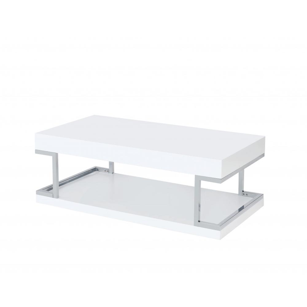 47" Chrome, White High Gloss Manufactured Wood, Metal Rectangular Coffee Table. Picture 2