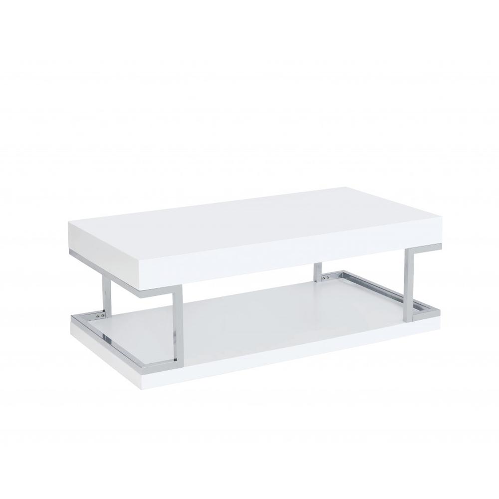 47" Chrome, White High Gloss Manufactured Wood, Metal Rectangular Coffee Table. Picture 1