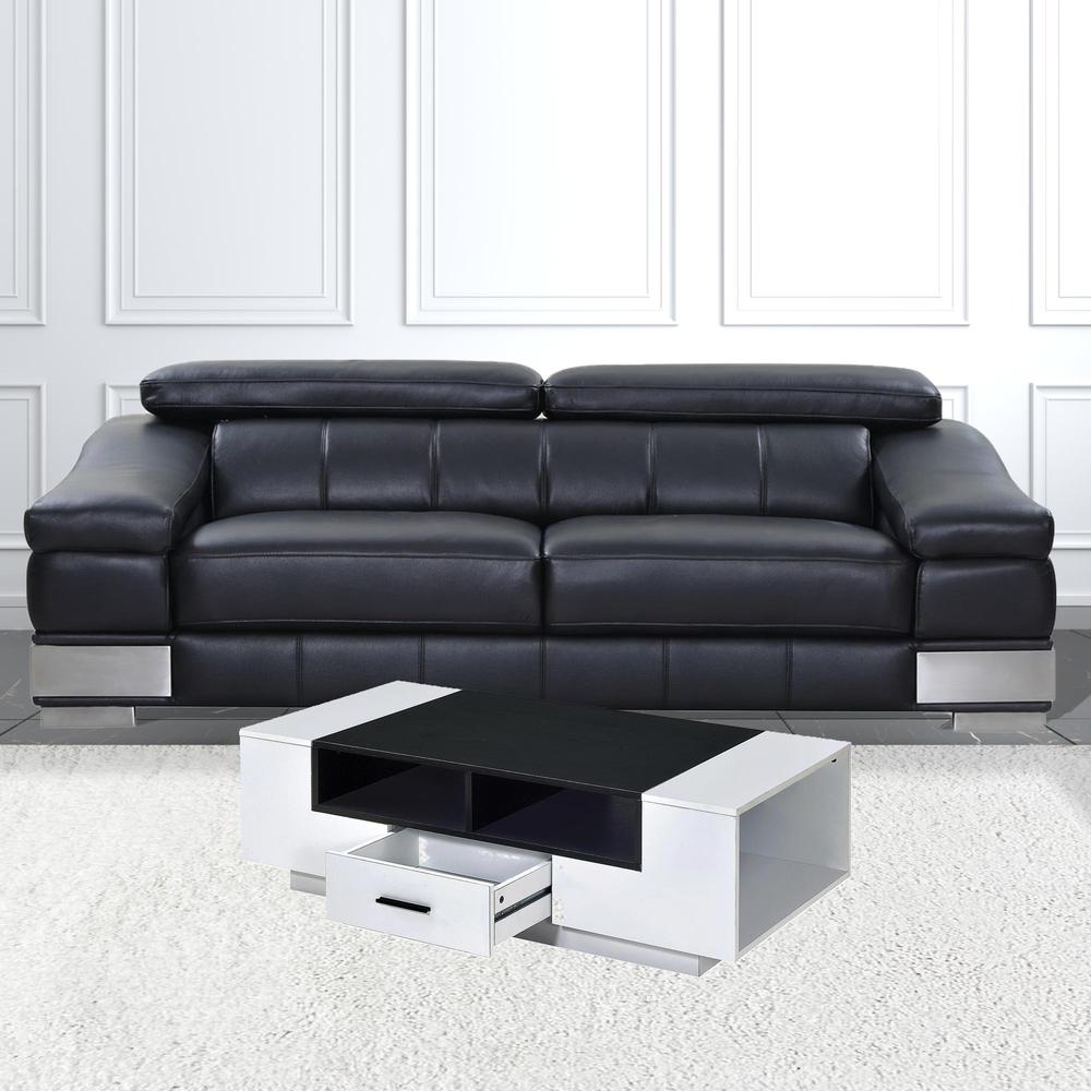 47" White And Black Rectangular Coffee Table With Drawer And Three Shelves. Picture 2