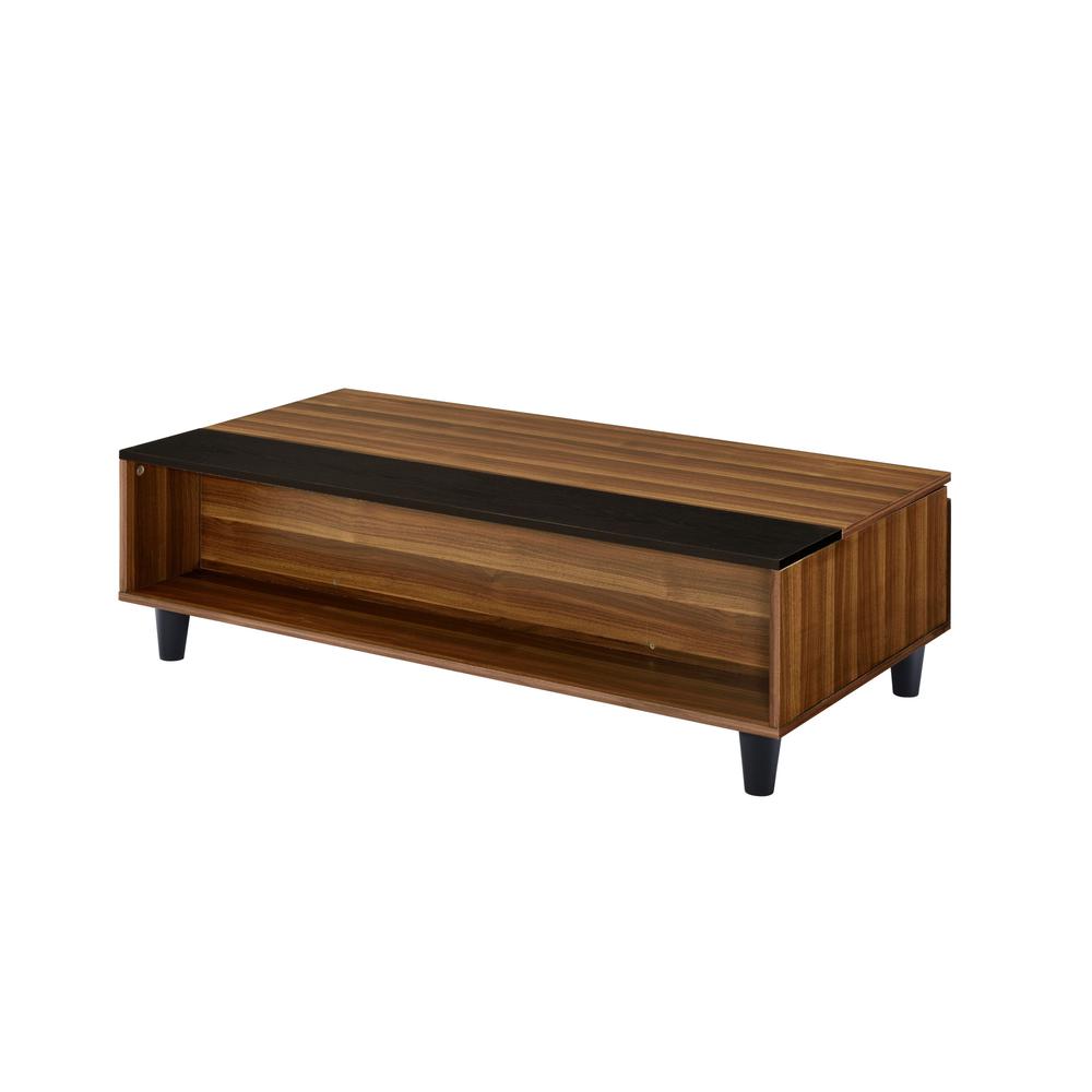 47" Walnut And Black Rectangular Lift Top Coffee Table With Shelf. Picture 2