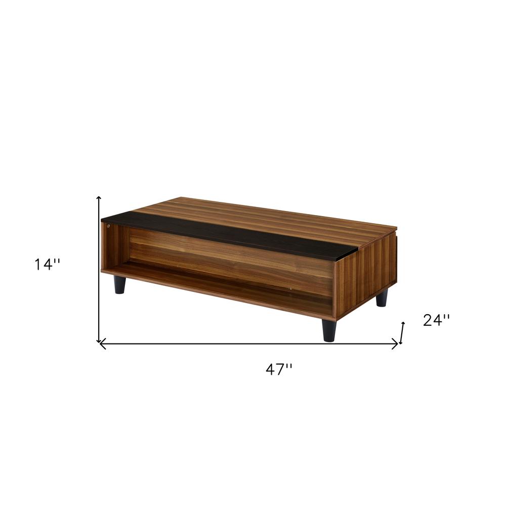 47" Walnut And Black Rectangular Lift Top Coffee Table With Shelf. Picture 6